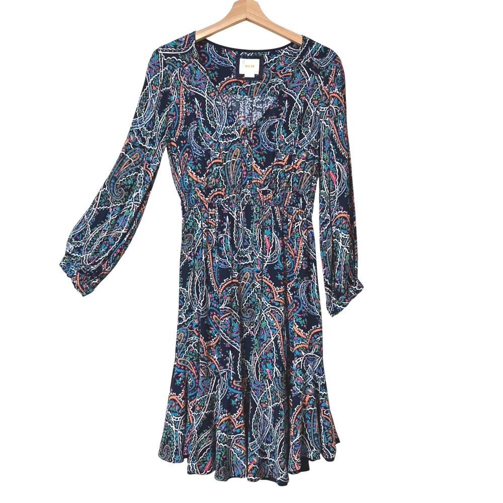 Anthropologie Maeve Size M Dress Paisley Tiered Dress Navy Blue Pink Rio Puffy